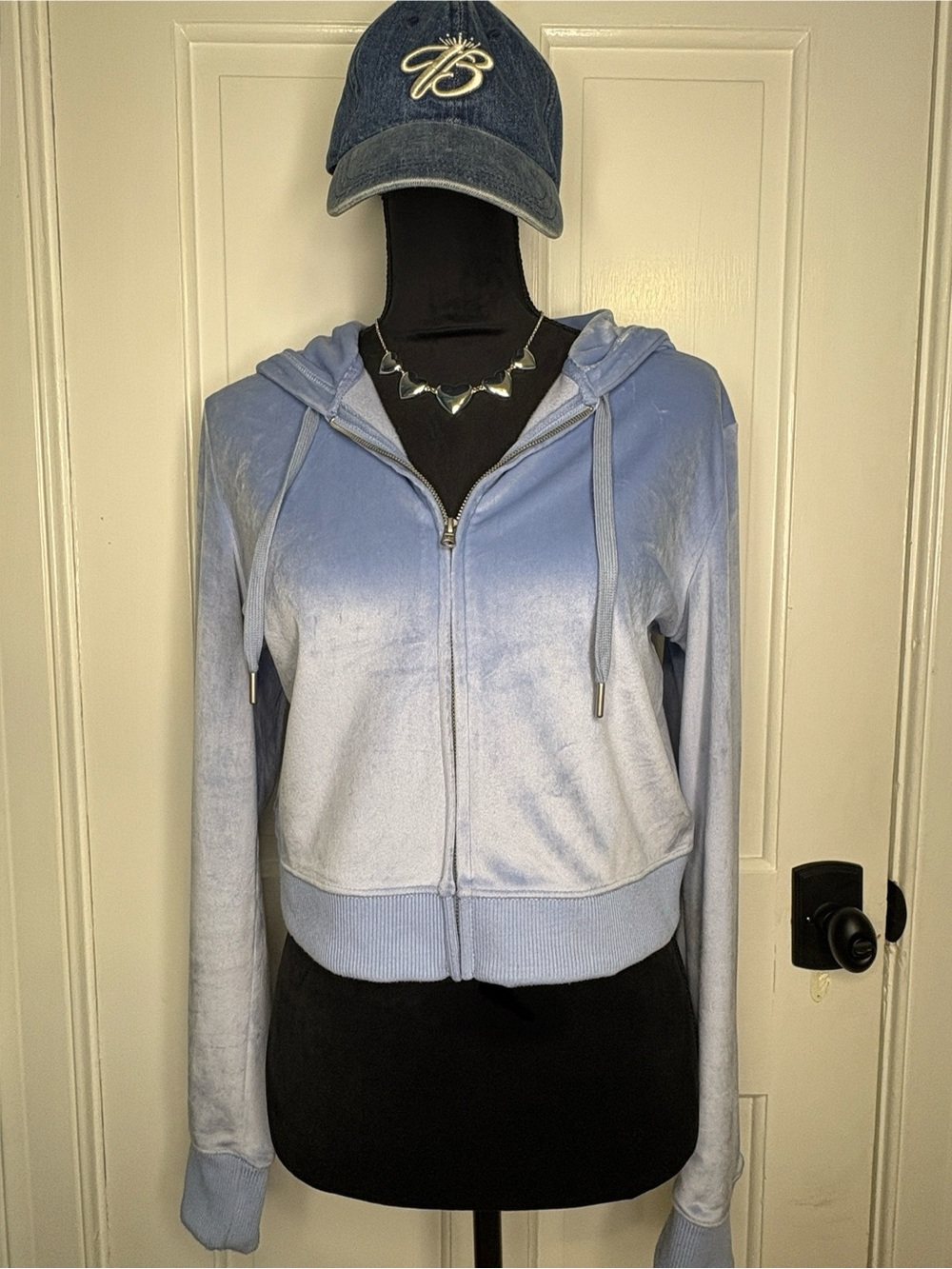 aerie Light Blue Velvet Zip Hoodie